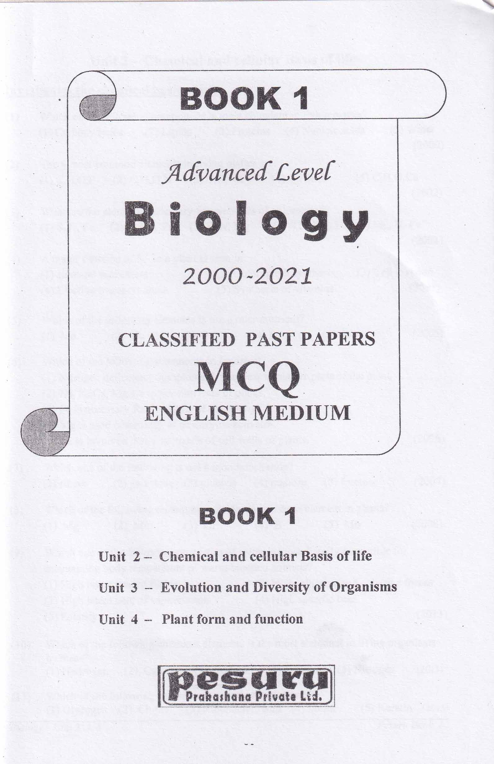 Biology past papers pesuru English Medium MCQ A/L kuppiya store